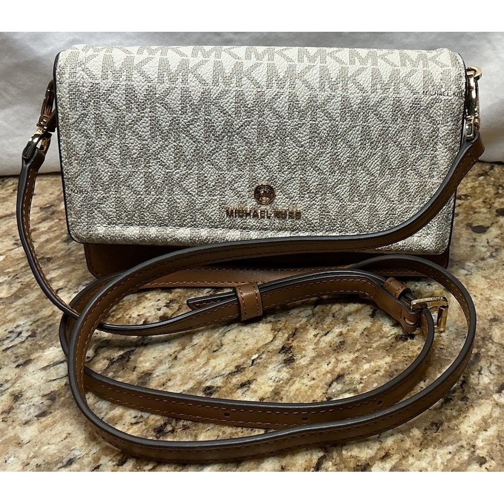 Michael Kors Jet Set Signature Logo Small Phone Crossbody Bag Vanilla Acorn